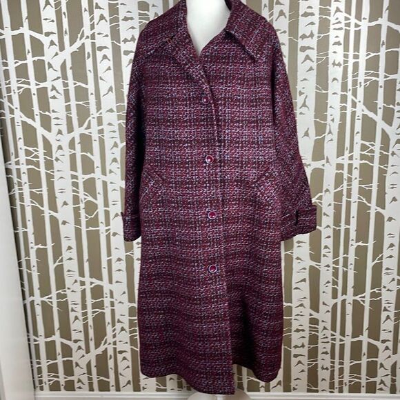 Vtg 60s Maroon, Light Blue & Black Tweed Plaid Coat - UNIQUE - Picture 1 of 9